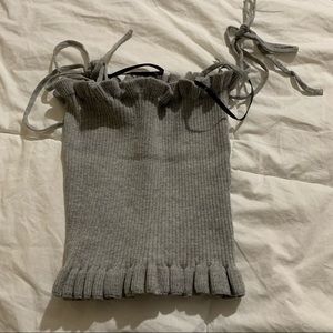 Grey Rib-Knit Ruffle-Hem Cropped Tube Top with Self-Tie Straps